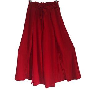 Women's Vintage Style Red Wide Leg Pants with Elastic Waist and Bow, Size 2XL
